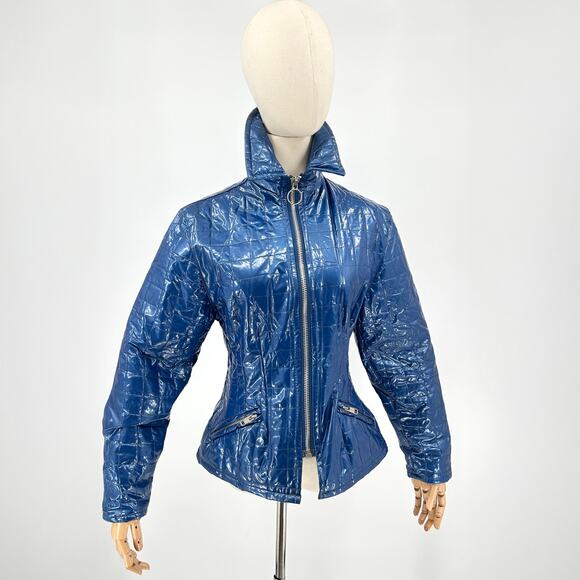 Vintage 90s Wippette by Kenn Sporn Blue Quilted Vinyl Zip Front Jacket - Picture 1 of 7
